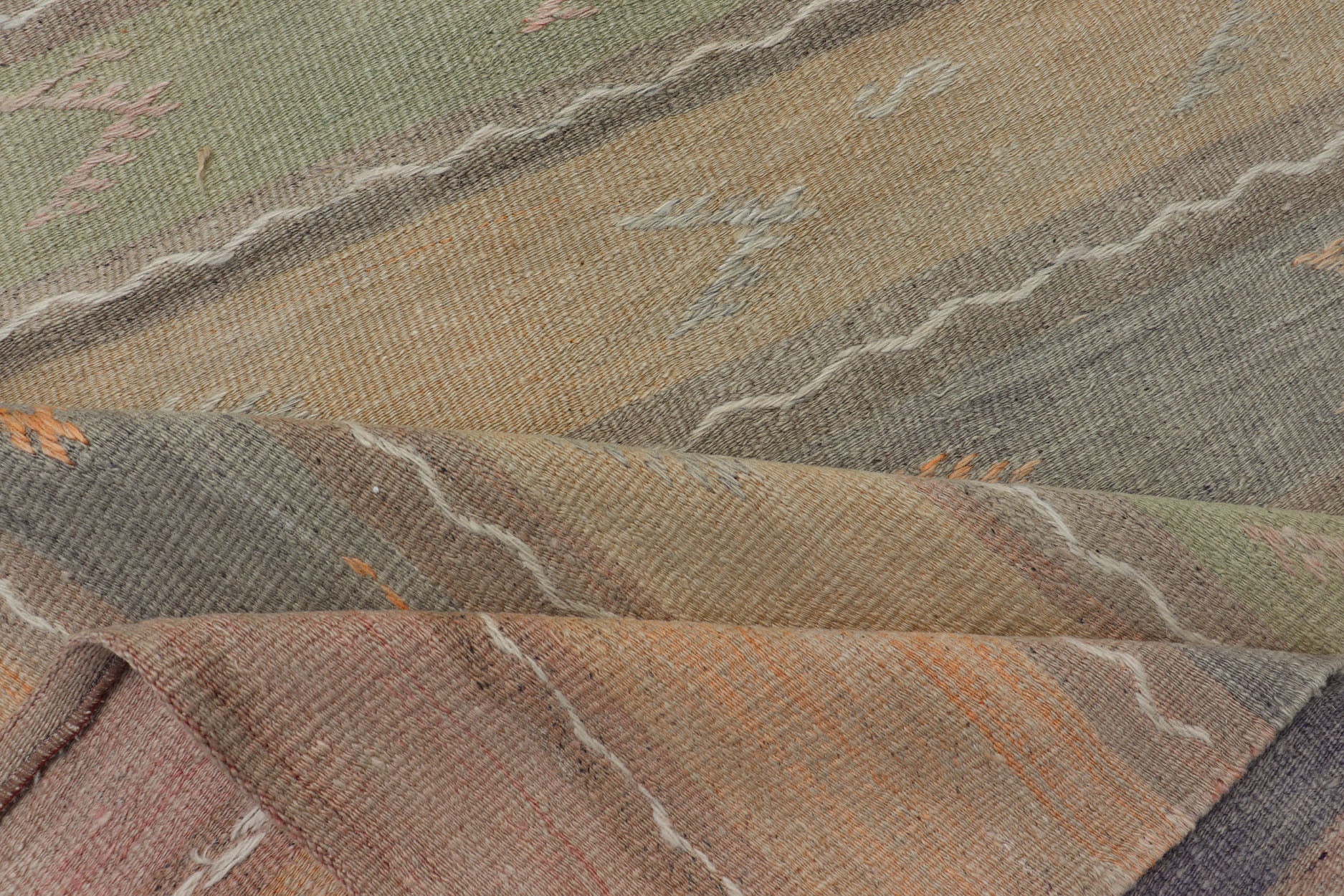 Vintage Hand Woven Turkish Kilim Runner with Stripes in Multi Soft Colors. Vintage Kilim runner, Keivan Woven Arts / rug EN - 12003, country of origin / type: Turkey / Kilim, circa Mid - 20th Century. Measures: 2'8 x 11'0 - Keivan Woven ArtsEN - 12003 - 15332Rug