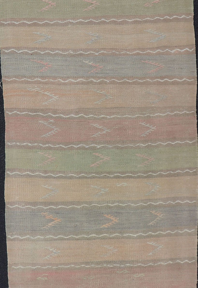 Vintage Hand Woven Turkish Kilim Runner with Stripes in Multi Soft Colors. Vintage Kilim runner, Keivan Woven Arts / rug EN - 12003, country of origin / type: Turkey / Kilim, circa Mid - 20th Century. Measures: 2'8 x 11'0 - Keivan Woven ArtsEN - 12003 - 15332Rug
