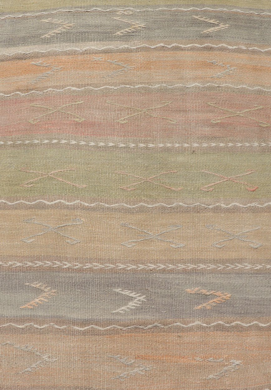 Vintage Hand Woven Turkish Kilim Runner with Stripes in Multi Soft Colors. Vintage Kilim runner, Keivan Woven Arts / rug EN - 12003, country of origin / type: Turkey / Kilim, circa Mid - 20th Century. Measures: 2'8 x 11'0 - Keivan Woven ArtsEN - 12003 - 15332Rug