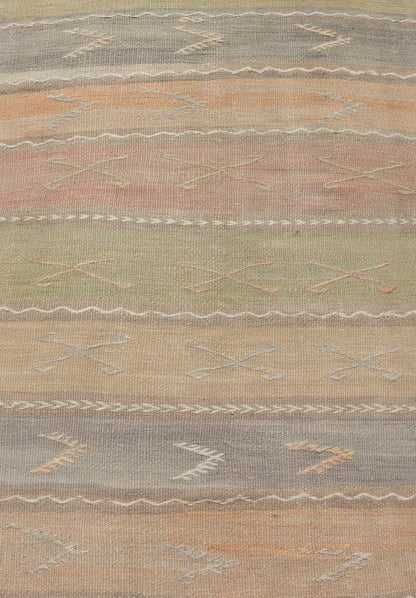 Vintage Hand Woven Turkish Kilim Runner with Stripes in Multi Soft Colors. Vintage Kilim runner, Keivan Woven Arts / rug EN - 12003, country of origin / type: Turkey / Kilim, circa Mid - 20th Century. Measures: 2'8 x 11'0 - Keivan Woven ArtsEN - 12003 - 15332Rug