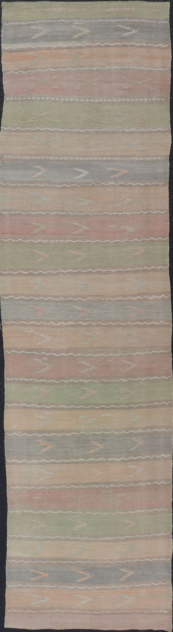 Vintage Hand Woven Turkish Kilim Runner with Stripes in Multi Soft Colors. Vintage Kilim runner, Keivan Woven Arts / rug EN - 12003, country of origin / type: Turkey / Kilim, circa Mid - 20th Century. Measures: 2'8 x 11'0 - Keivan Woven ArtsEN - 12003 - 15332Rug