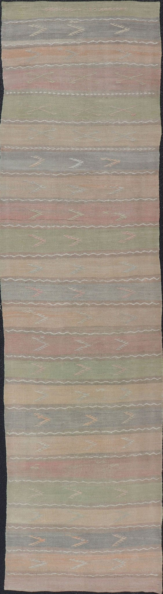 Vintage Hand Woven Turkish Kilim Runner with Stripes in Multi Soft Colors. Vintage Kilim runner, Keivan Woven Arts / rug EN - 12003, country of origin / type: Turkey / Kilim, circa Mid - 20th Century. Measures: 2'8 x 11'0 - Keivan Woven ArtsEN - 12003 - 15332Rug