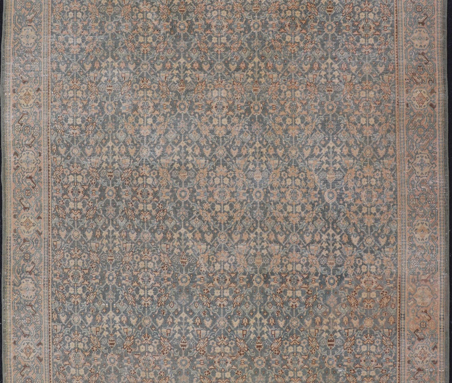 Light Blue/Gray Background Persian distressed Tabriz Rug with All - Over Herati Design. distressed antique rug, antique distressed rug, antique distressed Persian rug. Distressed antique Tabriz Light Green background Persian Tabriz rug with free ... - Keivan Woven ArtsEN - 121 - 14142Rug
