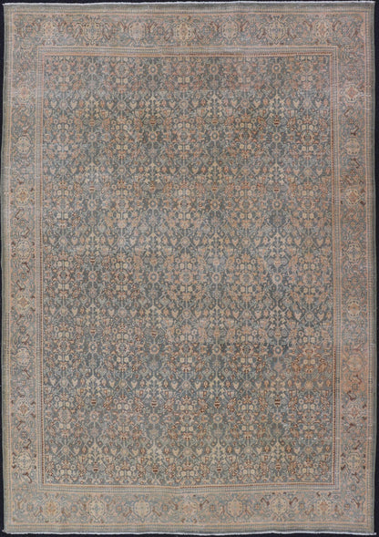 Light Blue/Gray Background Persian distressed Tabriz Rug with All - Over Herati Design. distressed antique rug, antique distressed rug, antique distressed Persian rug. Distressed antique Tabriz Light Green background Persian Tabriz rug with free ... - Keivan Woven ArtsEN - 121 - 14142Rug