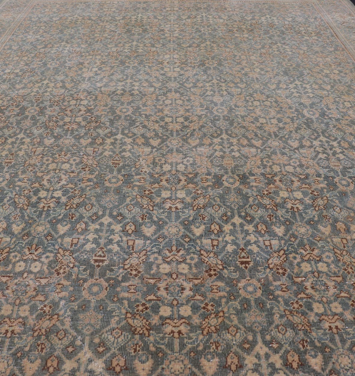 Light Blue/Gray Background Persian distressed Tabriz Rug with All - Over Herati Design. distressed antique rug, antique distressed rug, antique distressed Persian rug. Distressed antique Tabriz Light Green background Persian Tabriz rug with free ... - Keivan Woven ArtsEN - 121 - 14142Rug