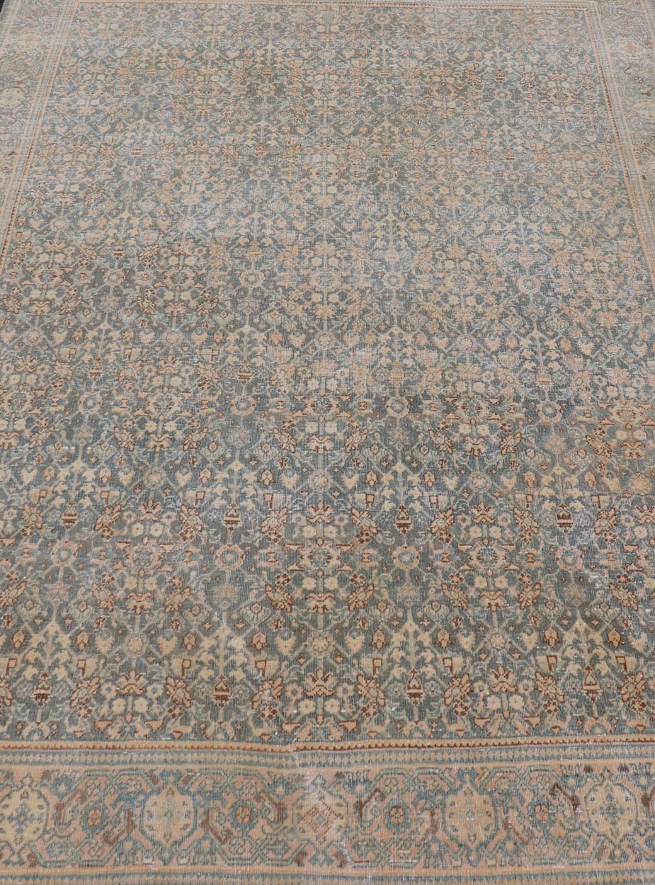 Light Blue/Gray Background Persian distressed Tabriz Rug with All - Over Herati Design. distressed antique rug, antique distressed rug, antique distressed Persian rug. Distressed antique Tabriz Light Green background Persian Tabriz rug with free ... - Keivan Woven ArtsEN - 121 - 14142Rug