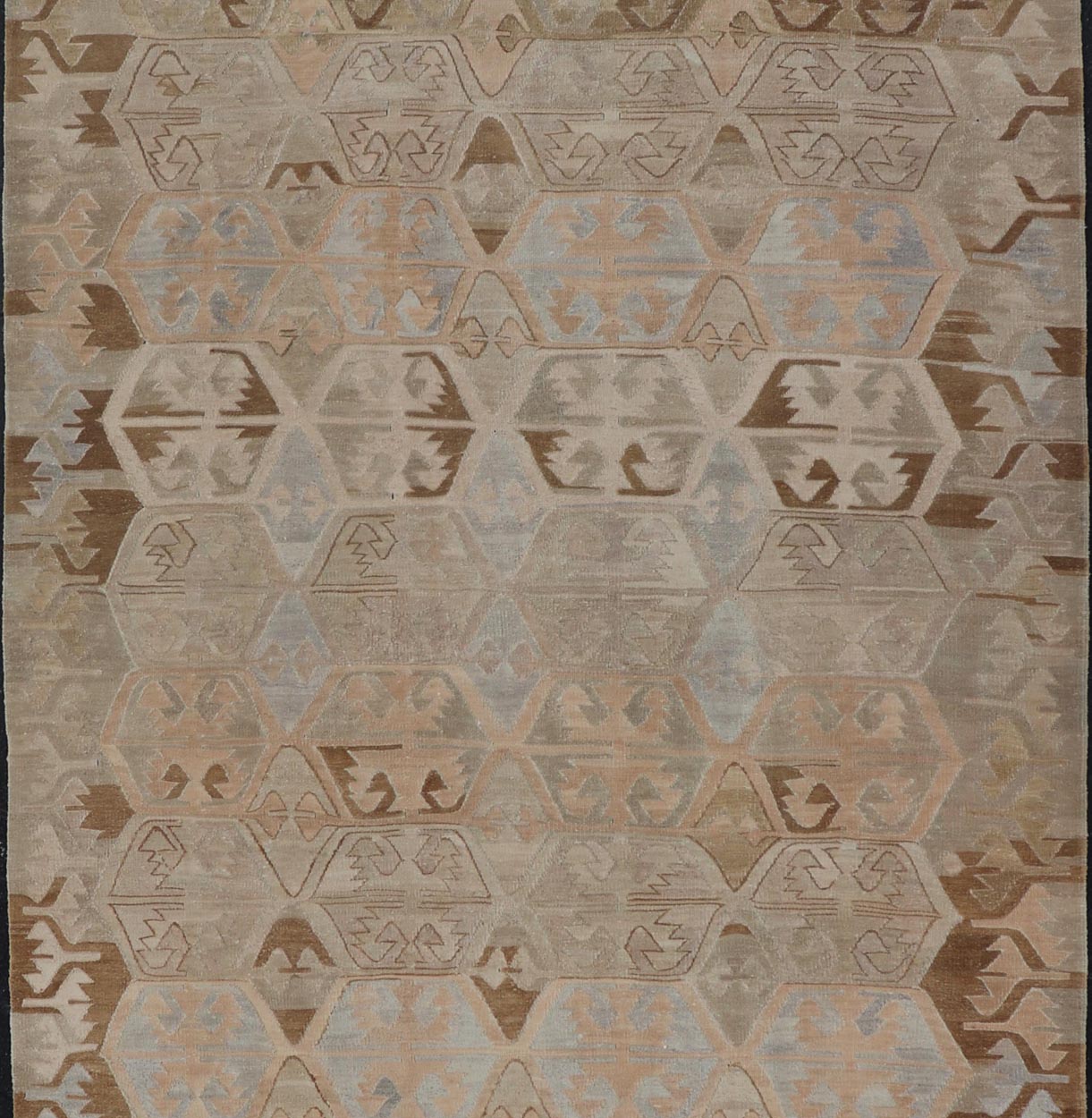 Vintage Hand - Woven Turkish Kilim Gallery Rug in Wool with Sub - Geometric Design This flat - weave tribal Turkish kilim has been hand - woven in wool. The rug features an all - over sub - geometric design, rendered in grays blues and earthy tones; making... - Keivan Woven ArtsEN - 122 - 19244