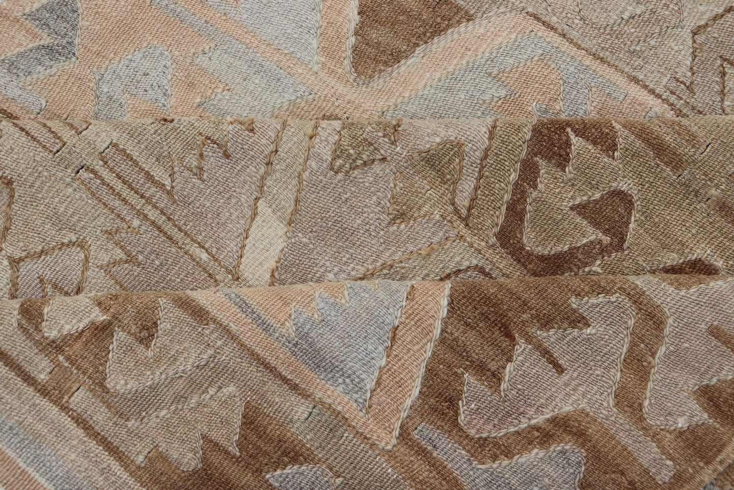 Vintage Hand - Woven Turkish Kilim Gallery Rug in Wool with Sub - Geometric Design This flat - weave tribal Turkish kilim has been hand - woven in wool. The rug features an all - over sub - geometric design, rendered in grays blues and earthy tones; making... - Keivan Woven ArtsEN - 122 - 19244