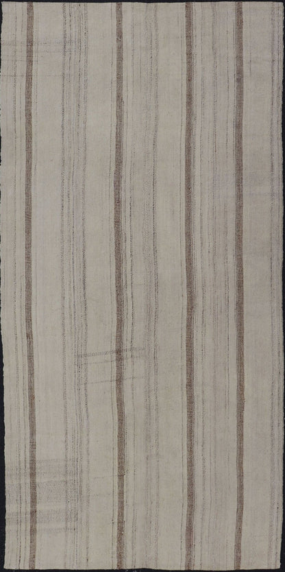 Vintage Hand Woven Turkish Kilim with Stripes in Taupe, Cream & Brown. Keivan Woven Arts rug EN - 12303 country of origin / type: Turkey / Kilim, circa mid - 20th century. Measures: 3'11 x 8'4 - Keivan Woven ArtsEN - 12303 - 15336Rug