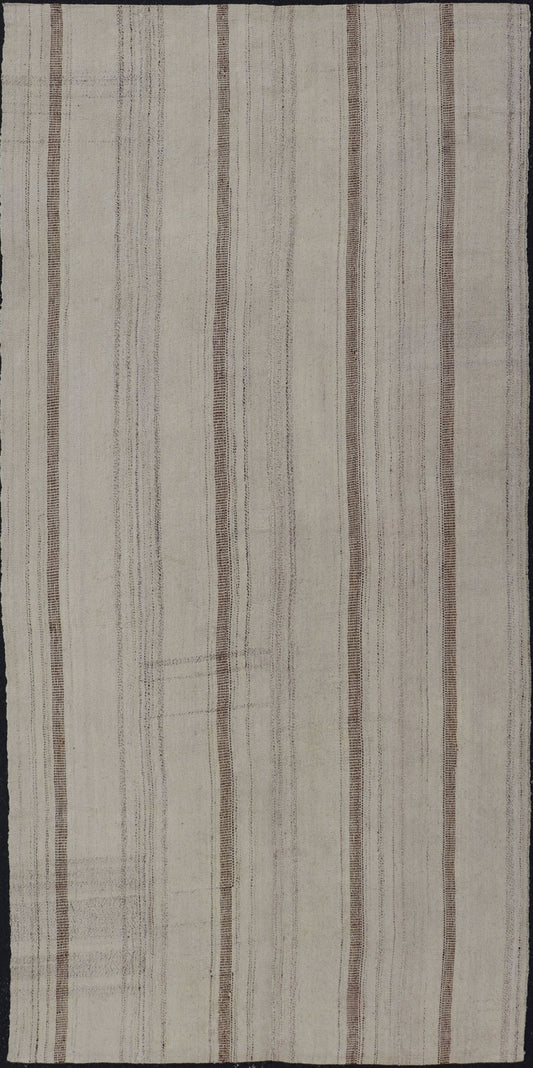 Vintage Hand Woven Turkish Kilim with Stripes in Taupe, Cream & Brown. Keivan Woven Arts rug EN - 12303 country of origin / type: Turkey / Kilim, circa mid - 20th century. Measures: 3'11 x 8'4 - Keivan Woven ArtsEN - 12303 - 15336Rug
