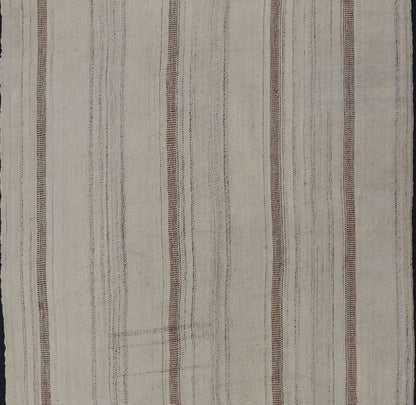 Vintage Hand Woven Turkish Kilim with Stripes in Taupe, Cream & Brown. Keivan Woven Arts rug EN - 12303 country of origin / type: Turkey / Kilim, circa mid - 20th century. Measures: 3'11 x 8'4 - Keivan Woven ArtsEN - 12303 - 15336Rug