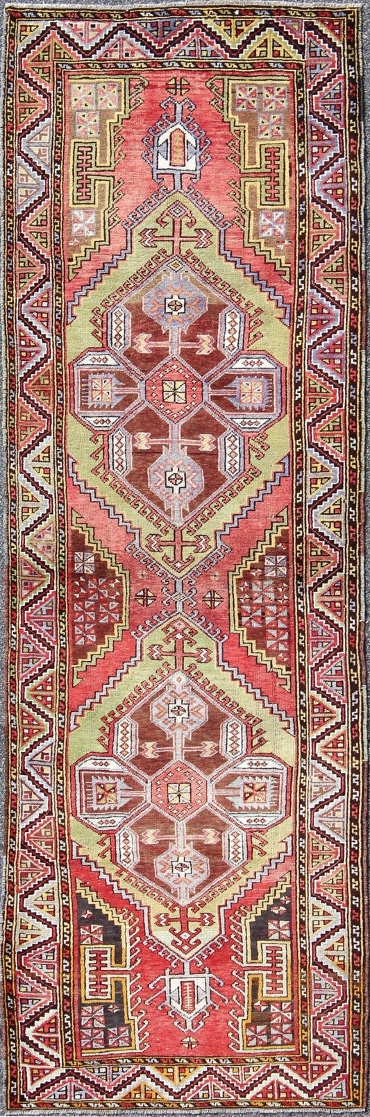 Vintage Turkish Medallion Gallery Runner Feat. Large Medallions in Spring Colors Measures: 3'7 x 10'10 This vintage (circa 1940's) Turkish Oushak gallery runner features bright, vibrant spring colors, such as rose red, grassy green, lave... - Keivan Woven ArtsEN - 123904 - 5528Rug