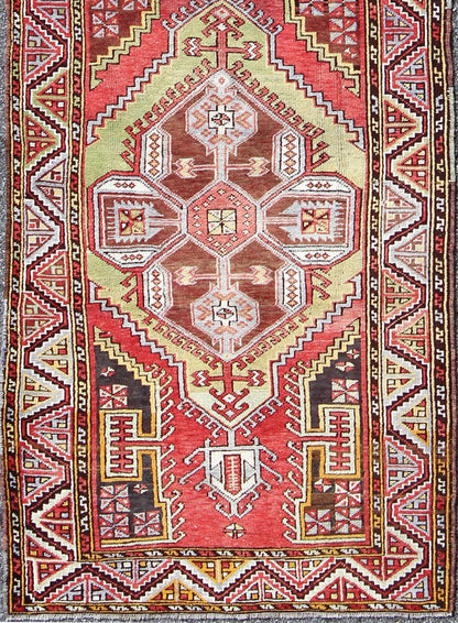 Vintage Turkish Medallion Gallery Runner Feat. Large Medallions in Spring Colors Measures: 3'7 x 10'10 This vintage (circa 1940's) Turkish Oushak gallery runner features bright, vibrant spring colors, such as rose red, grassy green, lave... - Keivan Woven ArtsEN - 123904 - 5528Rug