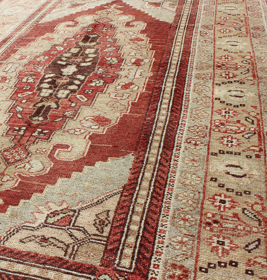 Antique Turkish Oushak Rug with Red, Taupe, Light Green, Cream, Brown & Neutrals Keivan Woven Arts, En - 123907, 1930's Antique Turkish Oushak Rug. Antique Turkish Oushak Rug with Red and Neutral Colors. Set on red color background, this stunn... - Keivan Woven ArtsEN - 123907 - 5534