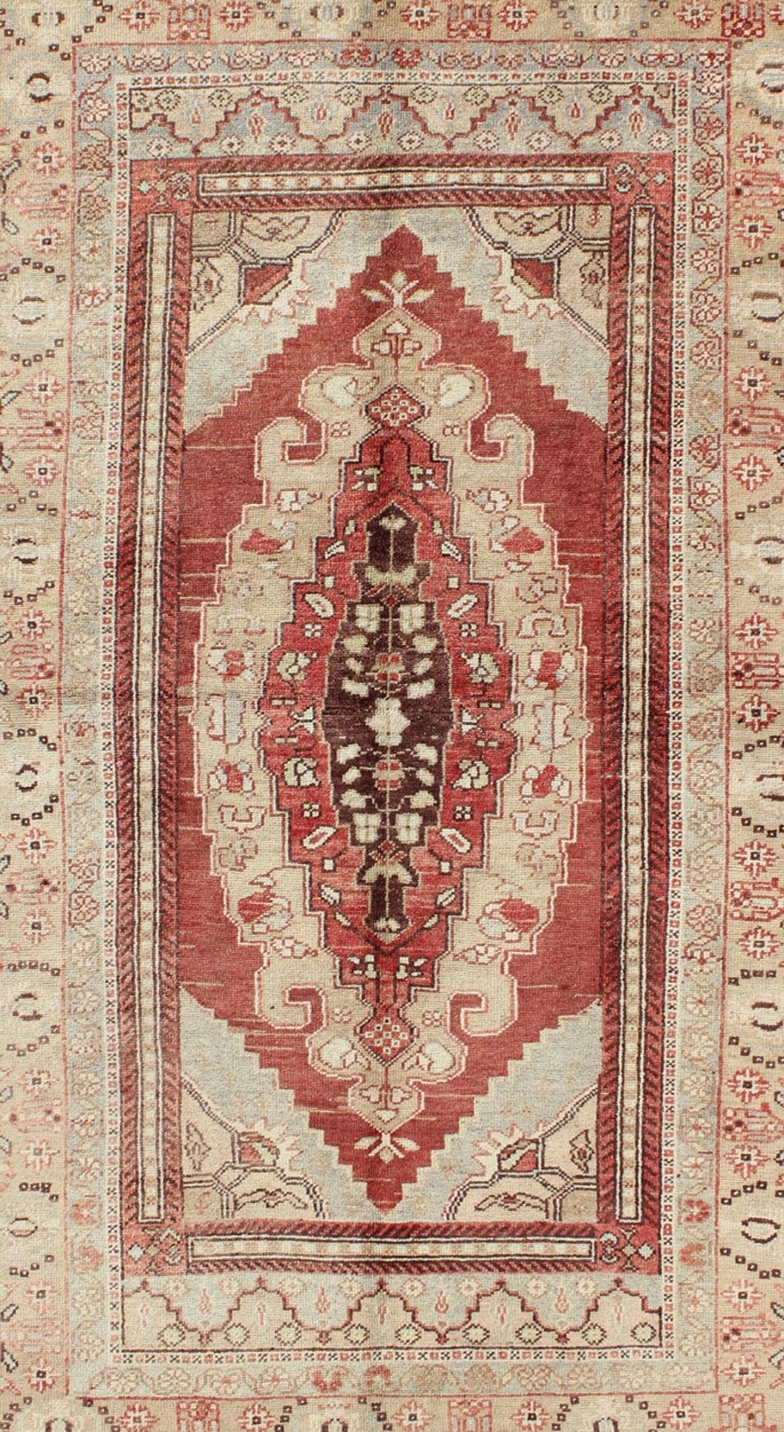 Antique Turkish Oushak Rug with Red, Taupe, Light Green, Cream, Brown & Neutrals Keivan Woven Arts, En - 123907, 1930's Antique Turkish Oushak Rug. Antique Turkish Oushak Rug with Red and Neutral Colors. Set on red color background, this stunn... - Keivan Woven ArtsEN - 123907 - 5534Rug