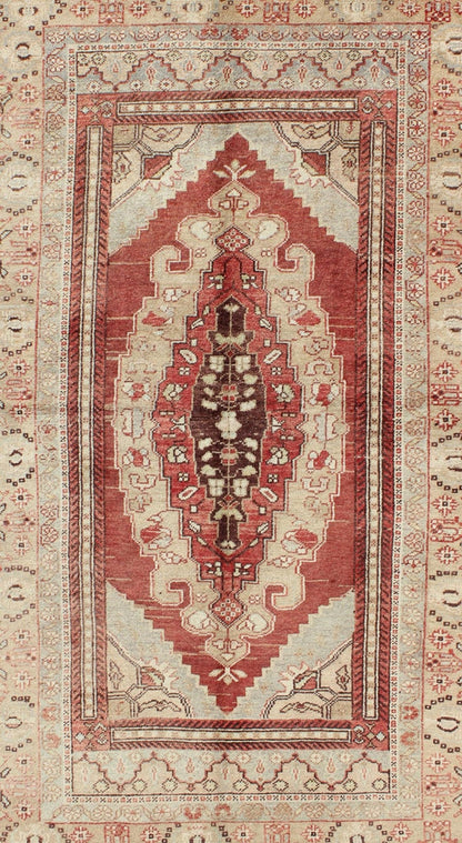 Antique Turkish Oushak Rug with Red, Taupe, Light Green, Cream, Brown & Neutrals Keivan Woven Arts, En - 123907, 1930's Antique Turkish Oushak Rug. Antique Turkish Oushak Rug with Red and Neutral Colors. Set on red color background, this stunn... - Keivan Woven ArtsEN - 123907 - 5534Rug