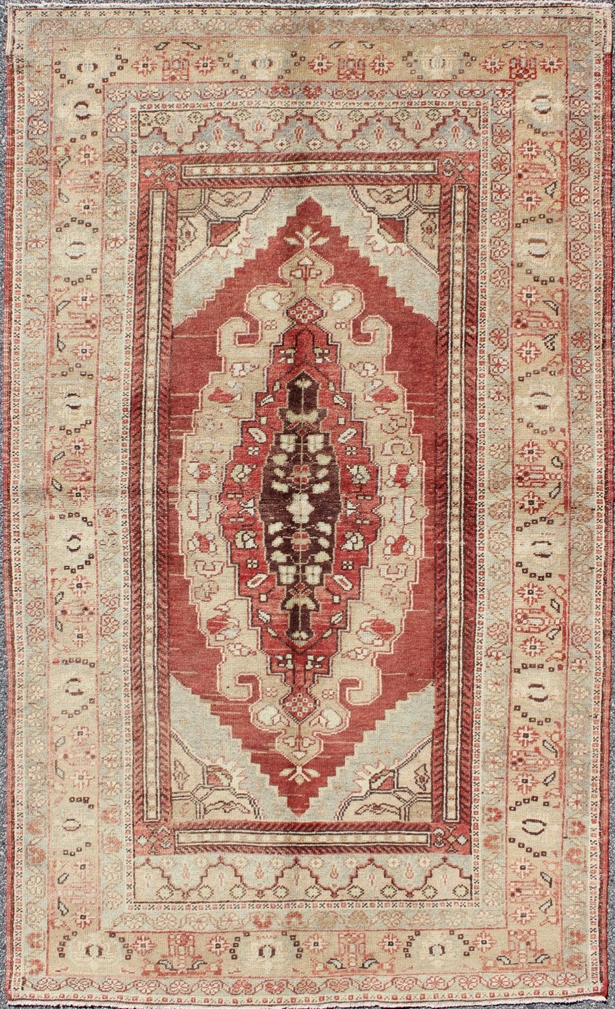 Antique Turkish Oushak Rug with Red, Taupe, Light Green, Cream, Brown & Neutrals Keivan Woven Arts, En - 123907, 1930's Antique Turkish Oushak Rug. Antique Turkish Oushak Rug with Red and Neutral Colors. Set on red color background, this stunn... - Keivan Woven ArtsEN - 123907 - 5534Rug