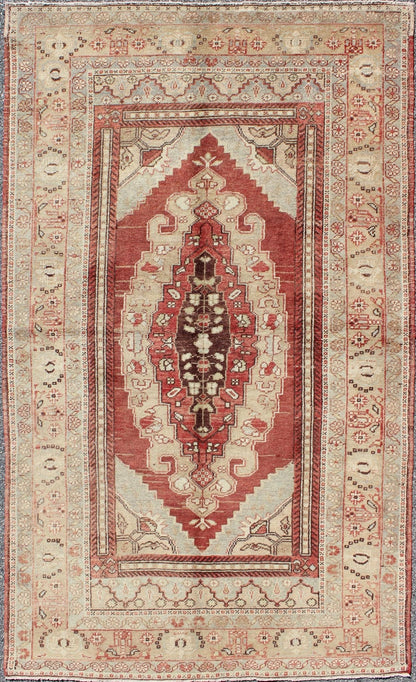 Antique Turkish Oushak Rug with Red, Taupe, Light Green, Cream, Brown & Neutrals Keivan Woven Arts, En - 123907, 1930's Antique Turkish Oushak Rug. Antique Turkish Oushak Rug with Red and Neutral Colors. Set on red color background, this stunn... - Keivan Woven ArtsEN - 123907 - 5534Rug