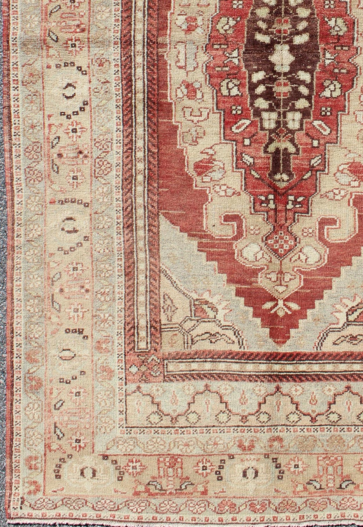 Antique Turkish Oushak Rug with Red, Taupe, Light Green, Cream, Brown & Neutrals Keivan Woven Arts, En - 123907, 1930's Antique Turkish Oushak Rug. Antique Turkish Oushak Rug with Red and Neutral Colors. Set on red color background, this stunn... - Keivan Woven ArtsEN - 123907 - 5534Rug