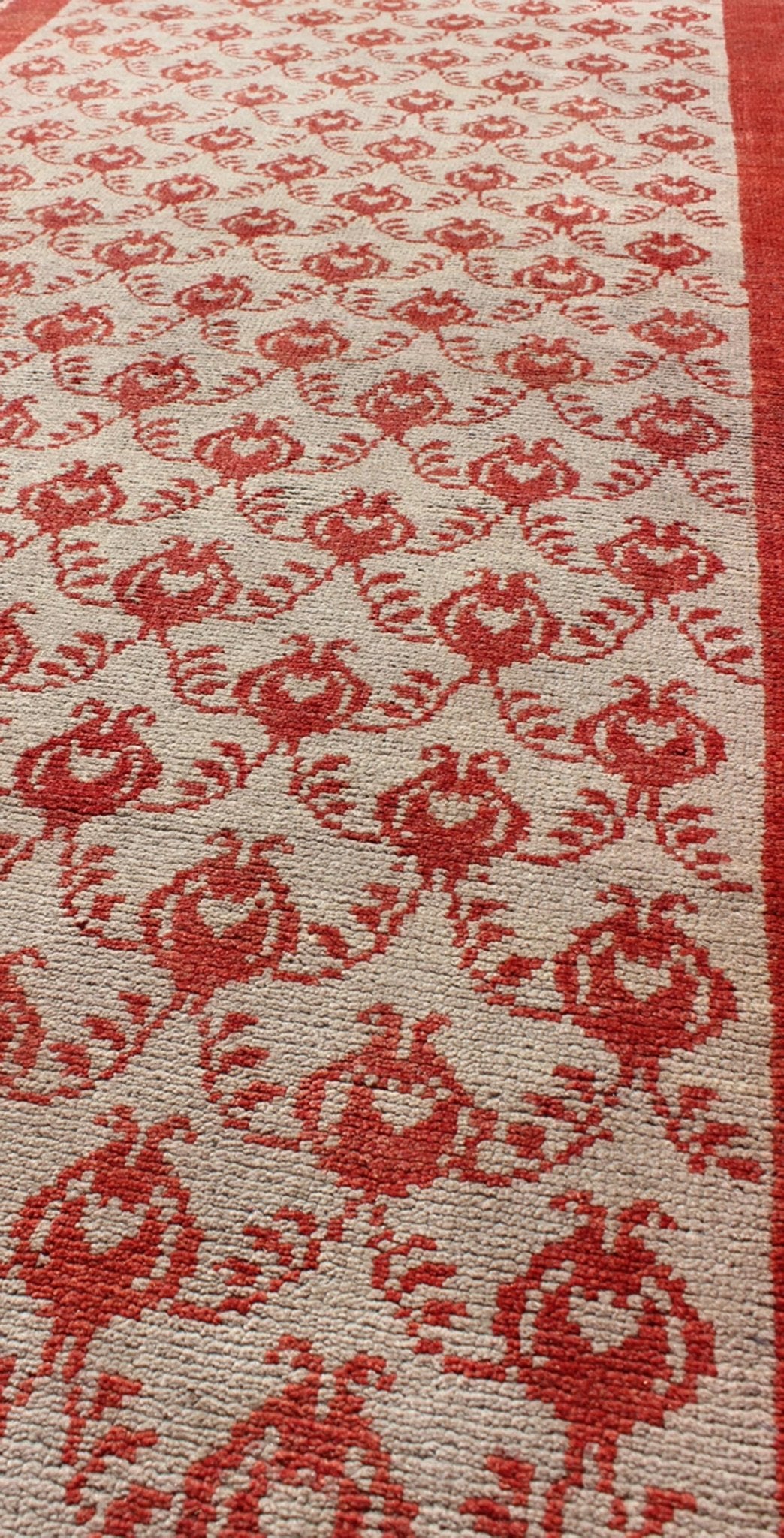 Midcentury Turkish Tulu runner with interconnected blossom design in red, ivory, rug en - 127, country of origin / type: Turkey / Tulu, circa 1950 This unique Turkish Oushak runner features an all - over design of vibrant blossom motifs, connected b... - Keivan Woven ArtsEN - 127 - 4355Rug