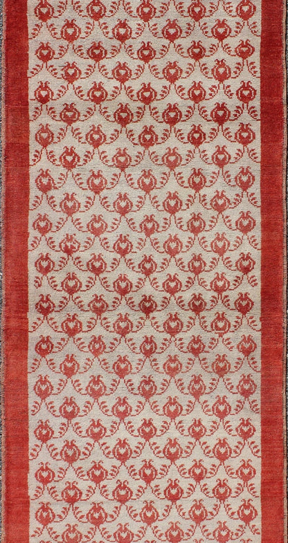Midcentury Turkish Tulu runner with interconnected blossom design in red, ivory, rug en - 127, country of origin / type: Turkey / Tulu, circa 1950 This unique Turkish Oushak runner features an all - over design of vibrant blossom motifs, connected b... - Keivan Woven ArtsEN - 127 - 4355Rug