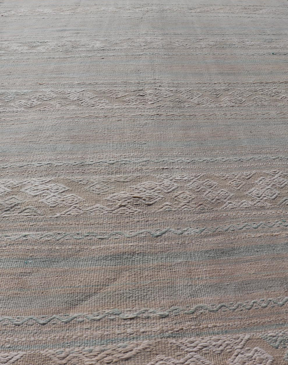 Flat - Weave Hand Woven Embroideries Kilim in Taupe, Blue, Tan, and Brown Vintage flat - weave Kilim with embroideries with a modern design in tan, brown, green and blue geometric stripe design Vintage Kilim from Turkey, Keivan Woven Arts / rug EN - 1... - Keivan Woven ArtsEN - 13094 - 18794Rug