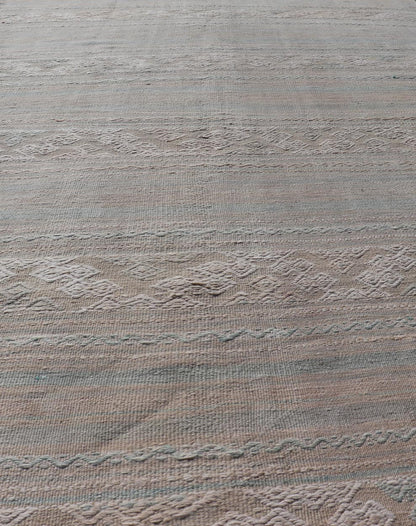 Flat - Weave Hand Woven Embroideries Kilim in Taupe, Blue, Tan, and Brown Vintage flat - weave Kilim with embroideries with a modern design in tan, brown, green and blue geometric stripe design Vintage Kilim from Turkey, Keivan Woven Arts / rug EN - 1... - Keivan Woven ArtsEN - 13094 - 18794Rug