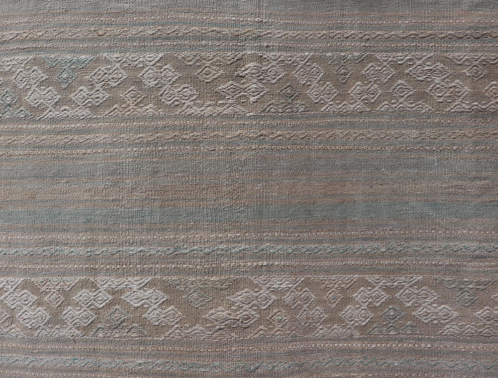 Flat - Weave Hand Woven Embroideries Kilim in Taupe, Blue, Tan, and Brown Vintage flat - weave Kilim with embroideries with a modern design in tan, brown, green and blue geometric stripe design Vintage Kilim from Turkey, Keivan Woven Arts / rug EN - 1... - Keivan Woven ArtsEN - 13094 - 18794
