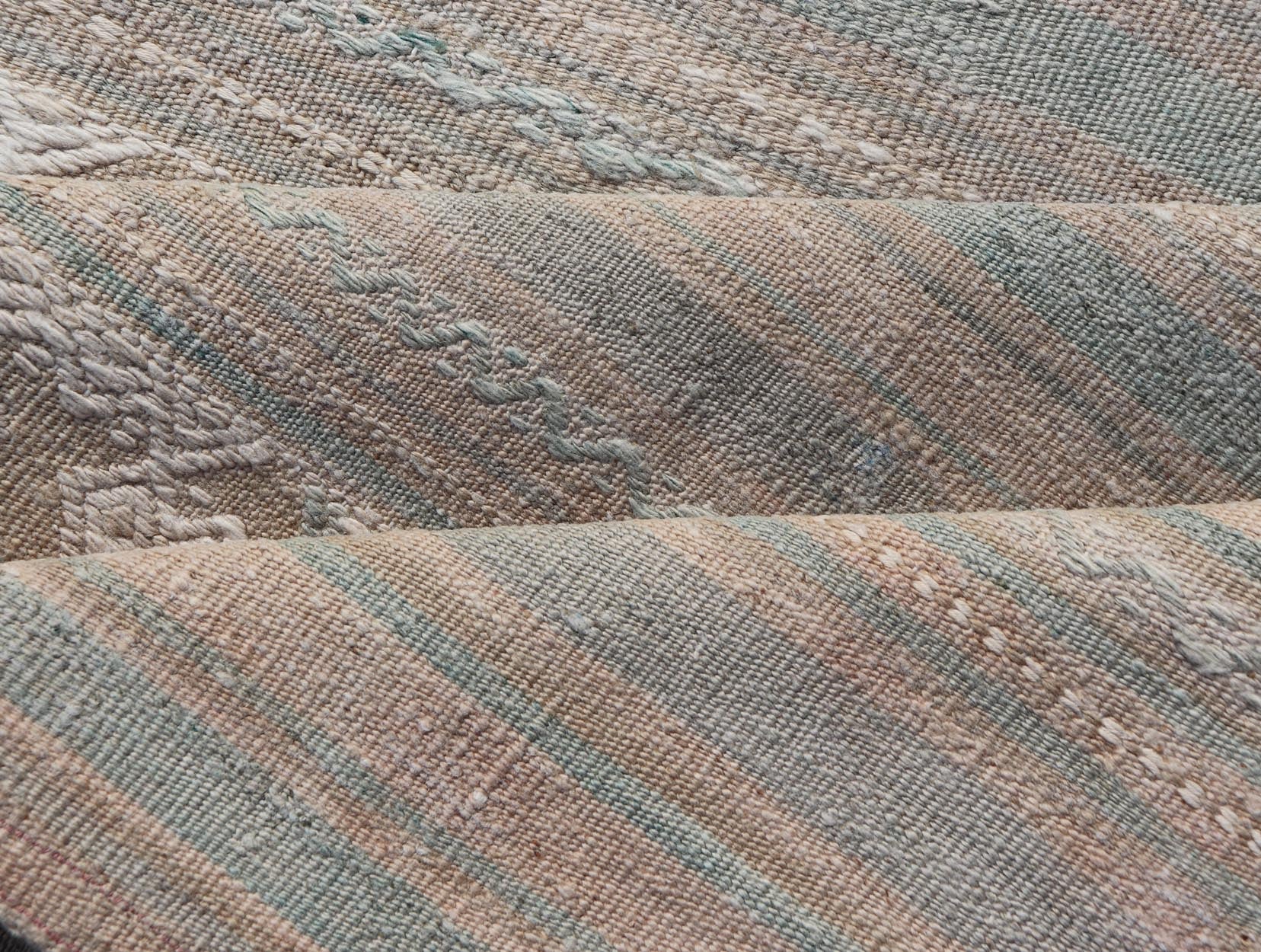 Flat - Weave Hand Woven Embroideries Kilim in Taupe, Blue, Tan, and Brown Vintage flat - weave Kilim with embroideries with a modern design in tan, brown, green and blue geometric stripe design Vintage Kilim from Turkey, Keivan Woven Arts / rug EN - 1... - Keivan Woven ArtsEN - 13094 - 18794