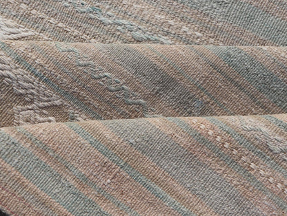 Flat - Weave Hand Woven Embroideries Kilim in Taupe, Blue, Tan, and Brown Vintage flat - weave Kilim with embroideries with a modern design in tan, brown, green and blue geometric stripe design Vintage Kilim from Turkey, Keivan Woven Arts / rug EN - 1... - Keivan Woven ArtsEN - 13094 - 18794