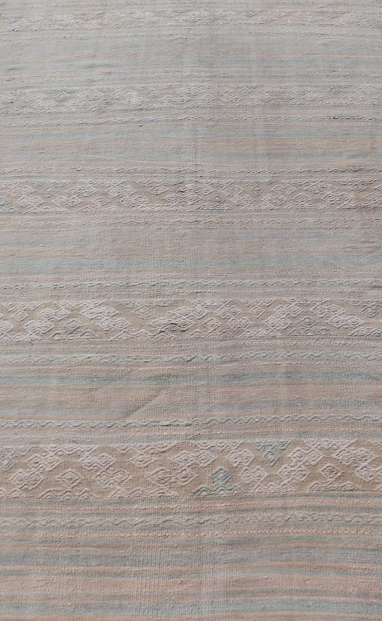 Flat - Weave Hand Woven Embroideries Kilim in Taupe, Blue, Tan, and Brown Vintage flat - weave Kilim with embroideries with a modern design in tan, brown, green and blue geometric stripe design Vintage Kilim from Turkey, Keivan Woven Arts / rug EN - 1... - Keivan Woven ArtsEN - 13094 - 18794