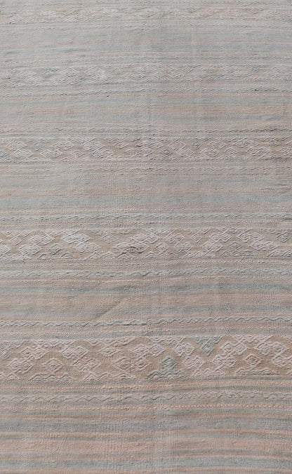 Flat - Weave Hand Woven Embroideries Kilim in Taupe, Blue, Tan, and Brown Vintage flat - weave Kilim with embroideries with a modern design in tan, brown, green and blue geometric stripe design Vintage Kilim from Turkey, Keivan Woven Arts / rug EN - 1... - Keivan Woven ArtsEN - 13094 - 18794
