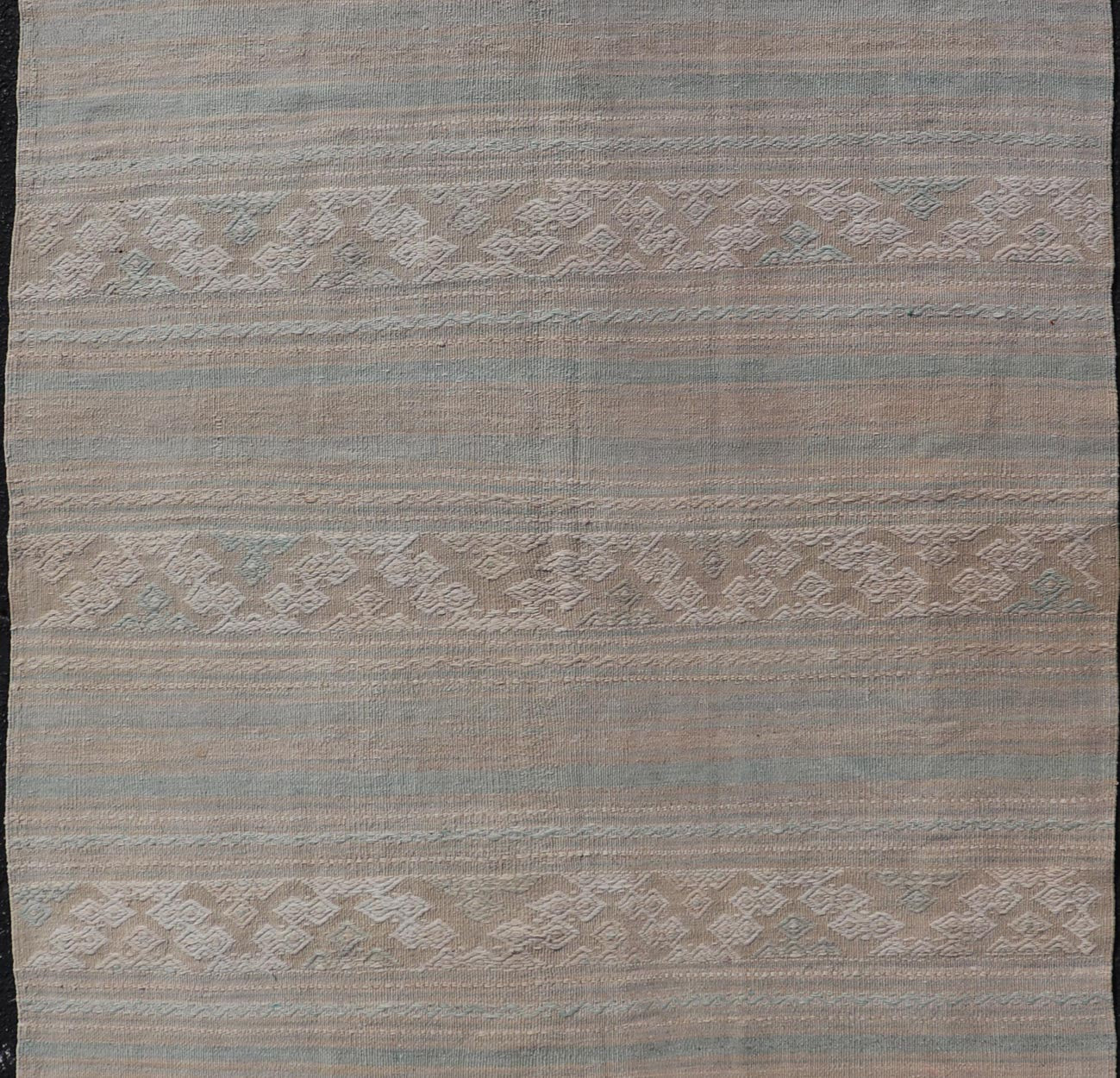 Flat - Weave Hand Woven Embroideries Kilim in Taupe, Blue, Tan, and Brown Vintage flat - weave Kilim with embroideries with a modern design in tan, brown, green and blue geometric stripe design Vintage Kilim from Turkey, Keivan Woven Arts / rug EN - 1... - Keivan Woven ArtsEN - 13094 - 18794Rug