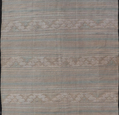 Flat - Weave Hand Woven Embroideries Kilim in Taupe, Blue, Tan, and Brown Vintage flat - weave Kilim with embroideries with a modern design in tan, brown, green and blue geometric stripe design Vintage Kilim from Turkey, Keivan Woven Arts / rug EN - 1... - Keivan Woven ArtsEN - 13094 - 18794Rug