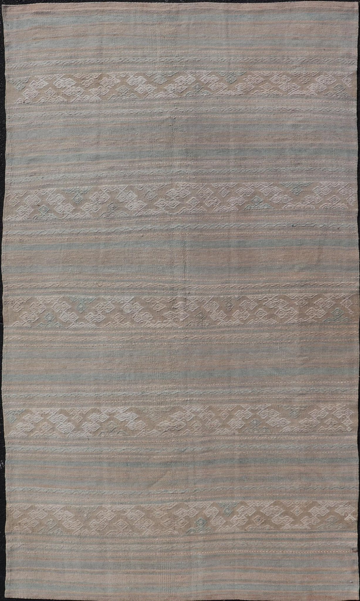 Flat - Weave Hand Woven Embroideries Kilim in Taupe, Blue, Tan, and Brown Vintage flat - weave Kilim with embroideries with a modern design in tan, brown, green and blue geometric stripe design Vintage Kilim from Turkey, Keivan Woven Arts / rug EN - 1... - Keivan Woven ArtsEN - 13094 - 18794