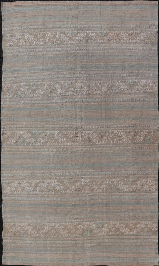 Flat - Weave Hand Woven Embroideries Kilim in Taupe, Blue, Tan, and Brown Vintage flat - weave Kilim with embroideries with a modern design in tan, brown, green and blue geometric stripe design Vintage Kilim from Turkey, Keivan Woven Arts / rug EN - 1... - Keivan Woven ArtsEN - 13094 - 18794