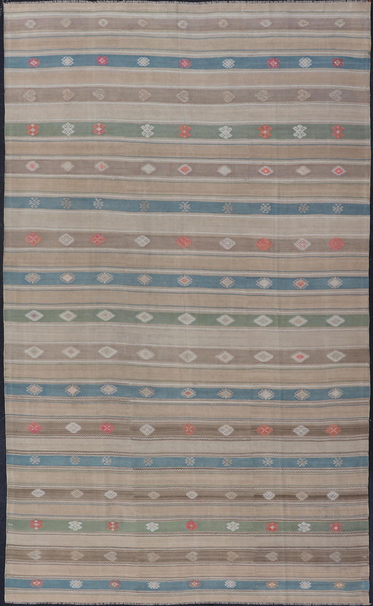 Vintage Hand - Woven Flatweave Kilim in Wool with Sub - Geometric Design and Motifs This flat - weave tribal kilim has been hand - woven in wool. The rug features a horizontal stripe design, accentuated by various sub - geometric motifs. The rug has been... - Keivan Woven ArtsEN - 13103 - 15725