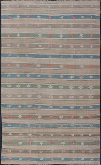 Vintage Hand - Woven Flatweave Kilim in Wool with Sub - Geometric Design and Motifs This flat - weave tribal kilim has been hand - woven in wool. The rug features a horizontal stripe design, accentuated by various sub - geometric motifs. The rug has been... - Keivan Woven ArtsEN - 13103 - 15725