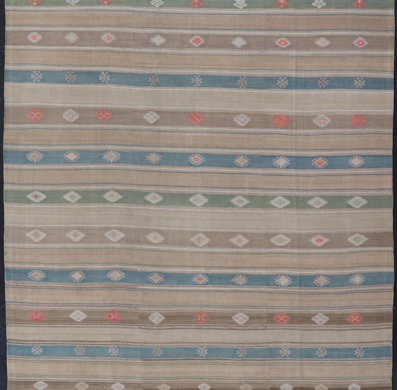 Vintage Hand - Woven Flatweave Kilim in Wool with Sub - Geometric Design and Motifs This flat - weave tribal kilim has been hand - woven in wool. The rug features a horizontal stripe design, accentuated by various sub - geometric motifs. The rug has been... - Keivan Woven ArtsEN - 13103 - 15725