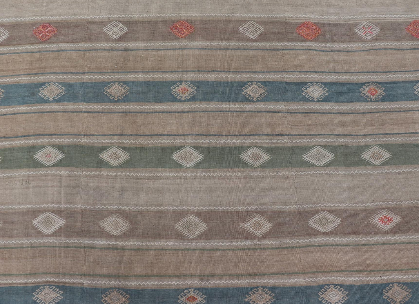 Vintage Hand - Woven Flatweave Kilim in Wool with Sub - Geometric Design and Motifs This flat - weave tribal kilim has been hand - woven in wool. The rug features a horizontal stripe design, accentuated by various sub - geometric motifs. The rug has been... - Keivan Woven ArtsEN - 13103 - 15725