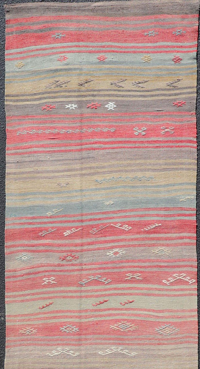 Colorful Vintage Turkish Flat - Weave Runner with Dynamic Stripe Design Stripe design flat - weave vintage runner from Turkey. Keivan Woven Arts / rug EN - 1311, country of origin / type: Iran / Kilim, circa 1940. Measures: 2'9 x 13'5. Featuring... - Keivan Woven ArtsEN - 1311 - 14208Rug