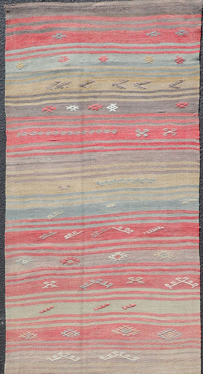 Colorful Vintage Turkish Flat - Weave Runner with Dynamic Stripe Design Stripe design flat - weave vintage runner from Turkey. Keivan Woven Arts / rug EN - 1311, country of origin / type: Iran / Kilim, circa 1940. Measures: 2'9 x 13'5. Featuring... - Keivan Woven ArtsEN - 1311 - 14208Rug