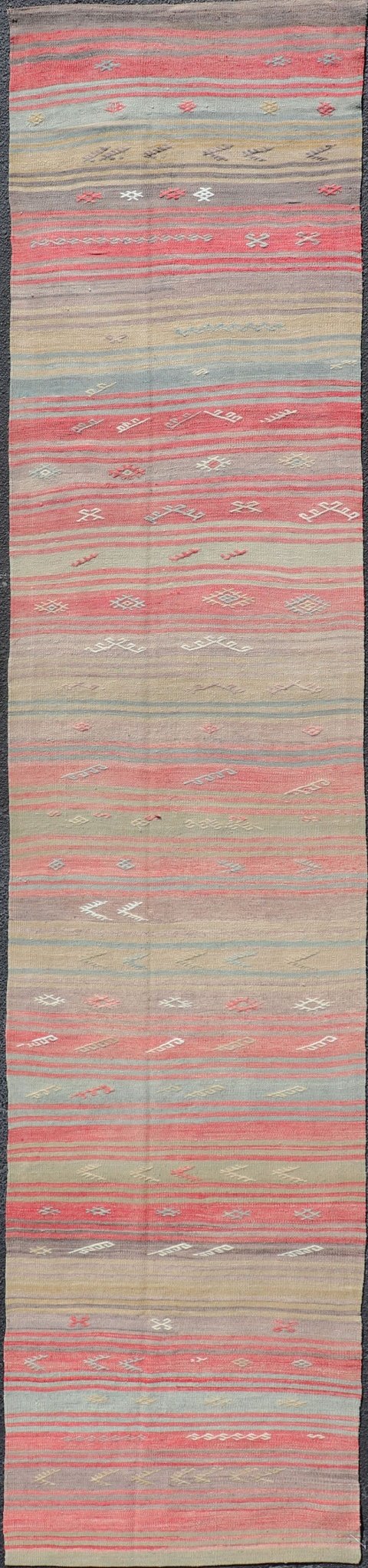 Colorful Vintage Turkish Flat - Weave Runner with Dynamic Stripe Design Stripe design flat - weave vintage runner from Turkey. Keivan Woven Arts / rug EN - 1311, country of origin / type: Iran / Kilim, circa 1940. Measures: 2'9 x 13'5. Featuring... - Keivan Woven ArtsEN - 1311 - 14208Rug