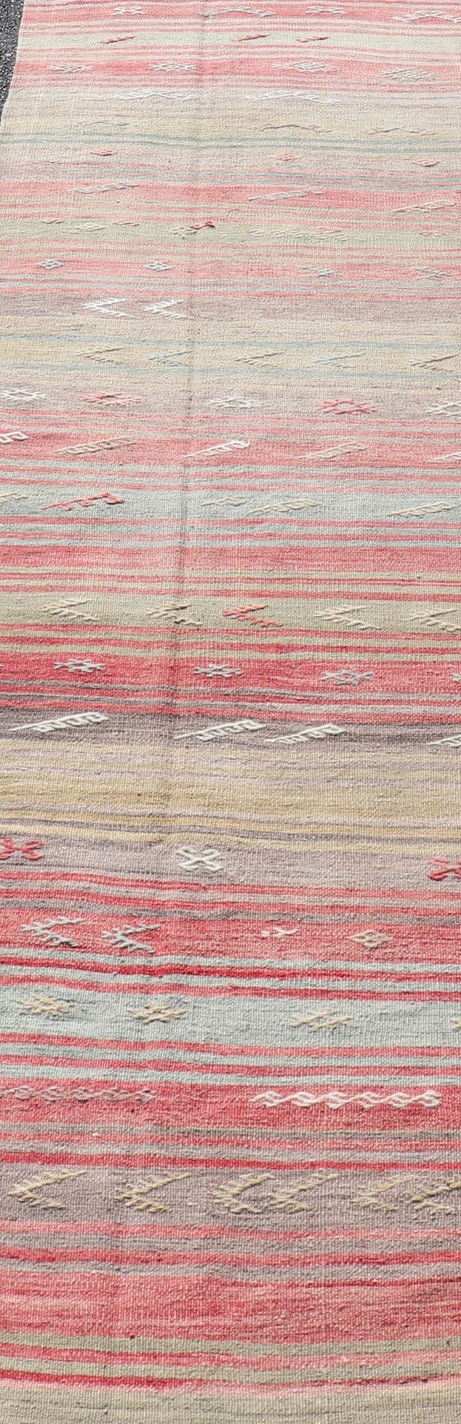 Colorful Vintage Turkish Flat - Weave Runner with Dynamic Stripe Design Stripe design flat - weave vintage runner from Turkey. Keivan Woven Arts / rug EN - 1311, country of origin / type: Iran / Kilim, circa 1940. Measures: 2'9 x 13'5. Featuring... - Keivan Woven ArtsEN - 1311 - 14208Rug
