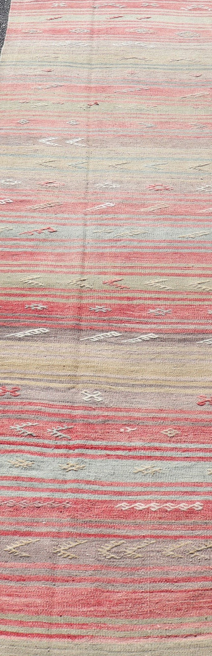Colorful Vintage Turkish Flat - Weave Runner with Dynamic Stripe Design Stripe design flat - weave vintage runner from Turkey. Keivan Woven Arts / rug EN - 1311, country of origin / type: Iran / Kilim, circa 1940. Measures: 2'9 x 13'5. Featuring... - Keivan Woven ArtsEN - 1311 - 14208Rug