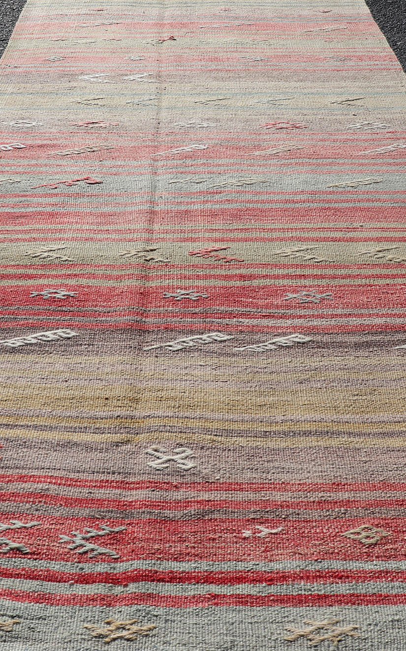 Colorful Vintage Turkish Flat - Weave Runner with Dynamic Stripe Design Stripe design flat - weave vintage runner from Turkey. Keivan Woven Arts / rug EN - 1311, country of origin / type: Iran / Kilim, circa 1940. Measures: 2'9 x 13'5. Featuring... - Keivan Woven ArtsEN - 1311 - 14208Rug