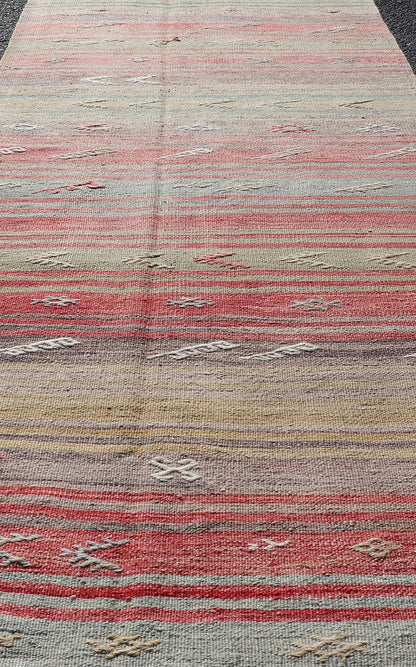 Colorful Vintage Turkish Flat - Weave Runner with Dynamic Stripe Design Stripe design flat - weave vintage runner from Turkey. Keivan Woven Arts / rug EN - 1311, country of origin / type: Iran / Kilim, circa 1940. Measures: 2'9 x 13'5. Featuring... - Keivan Woven ArtsEN - 1311 - 14208Rug