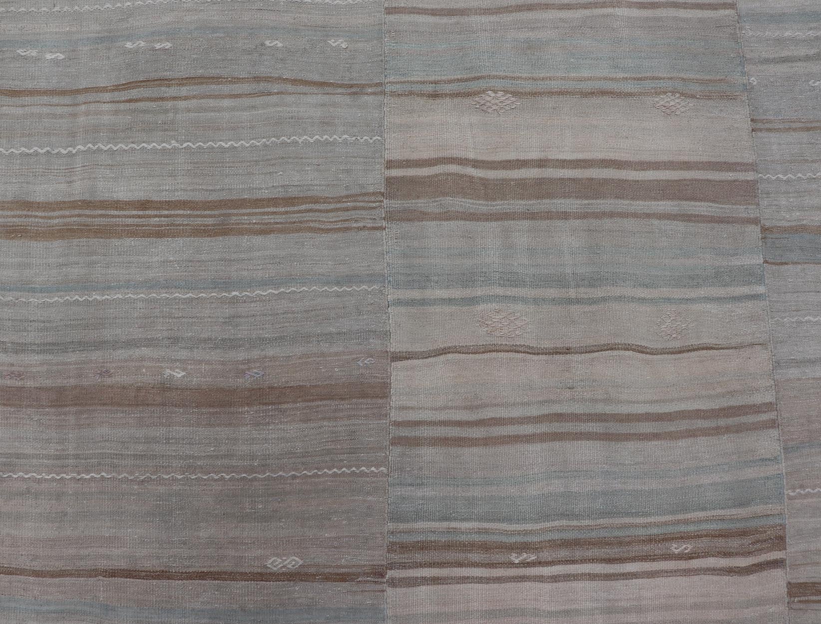 Vintage Hand Woven Turkish Paneled Kilim Vintage Rug In Muted Colors Hand Woven Large vintage Turkish paneled in cream, blue, light brown and taupe. Keivan Woven Arts / rug EN - 1318 - 13946 country of origin / type: Turkey / Kilim, circa mid - 20... - Keivan Woven ArtsEN - 13181 - 13946 - 18788Rug