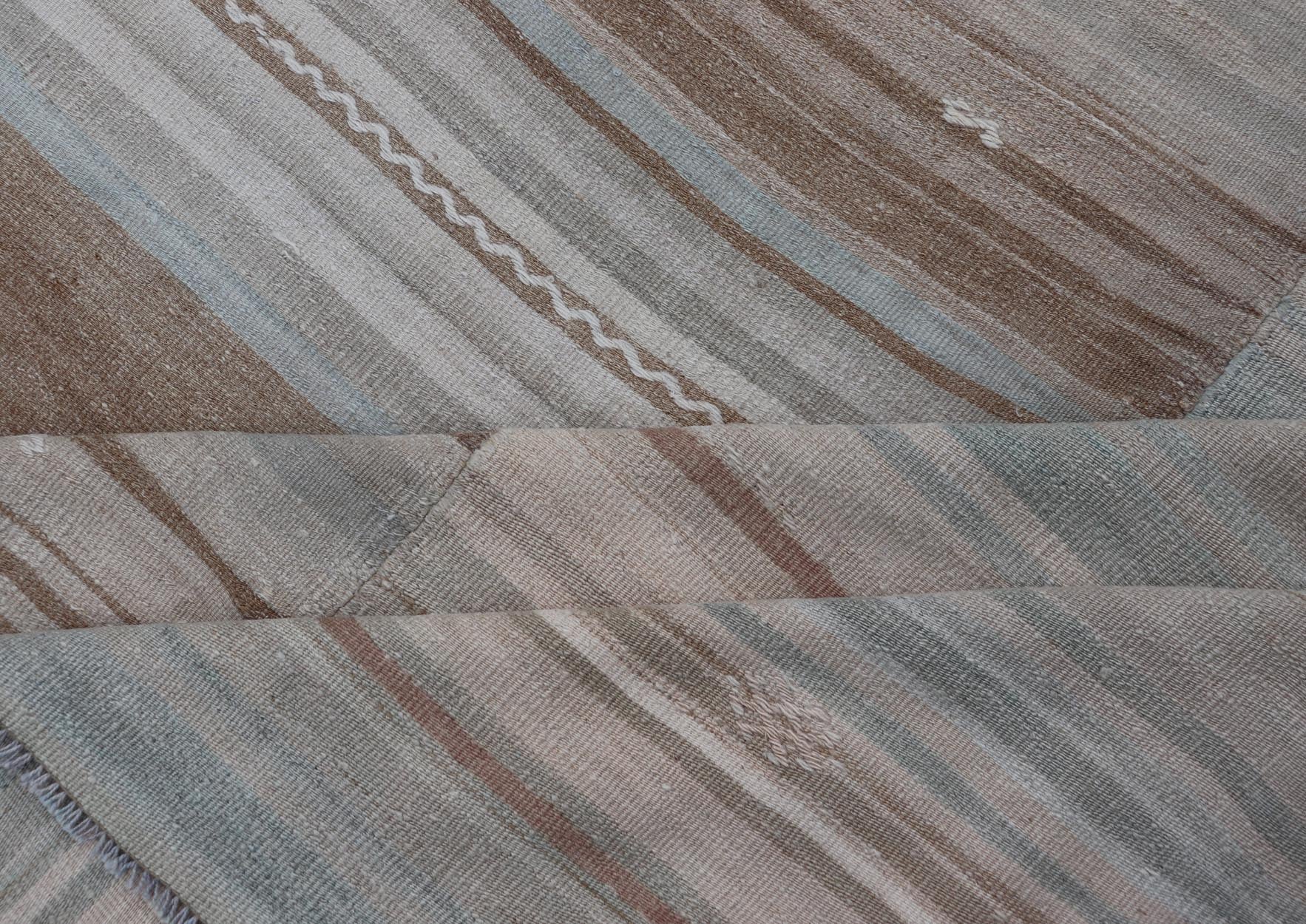 Vintage Hand Woven Turkish Paneled Kilim Vintage Rug In Muted Colors Hand Woven Large vintage Turkish paneled in cream, blue, light brown and taupe. Keivan Woven Arts / rug EN - 1318 - 13946 country of origin / type: Turkey / Kilim, circa mid - 20... - Keivan Woven ArtsEN - 13181 - 13946 - 18788Rug