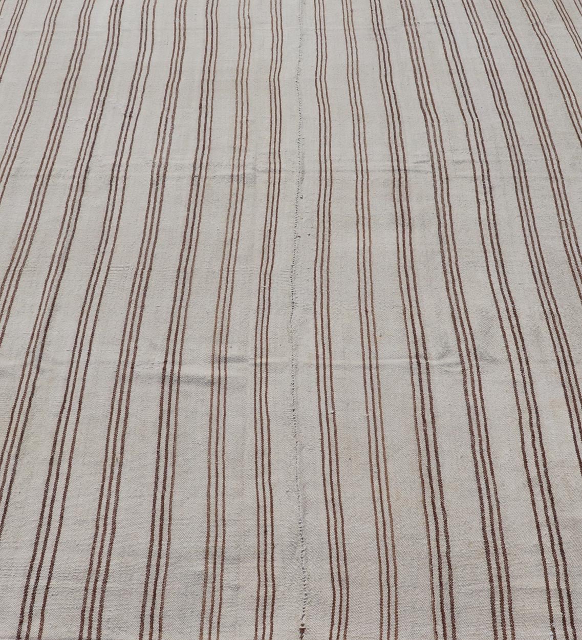 Measures: 7'2 x 9'3 Vintage Turkish Kilim Flat - Weave in Neutral Tones of Cream & Brown Stripes. Keivan Woven Arts /rug#EN - 13183, country of origin / type: Turkey / Kilim 1950s Vintage Hand Woven neutral Kilim flat - weave. This vintage Kilim h... - Keivan Woven ArtsEN - 13183 - 21215Rug